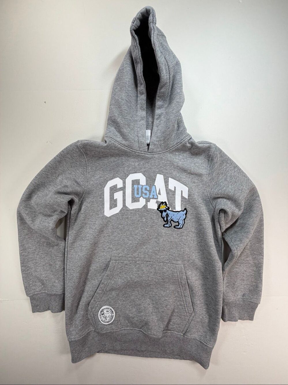 GOAT USA Youth Size XL Gray Pullover Hoodie Blue Chenille Logo Fleece Sweatshirt